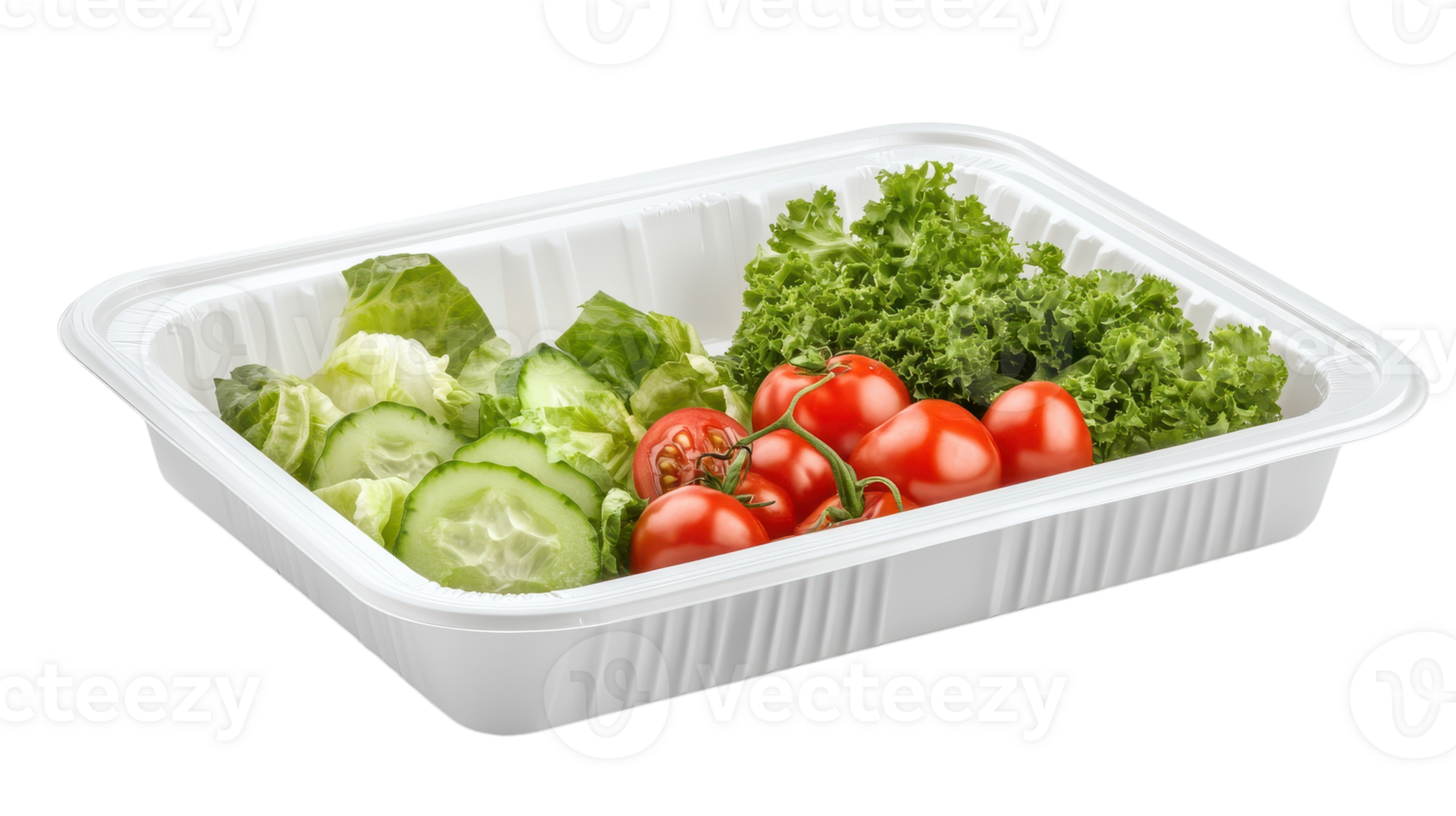 Fresh salad ingredients in a white container featuring lettuce, cucumbers, and cherry tomatoes for healthy meal preparation. png