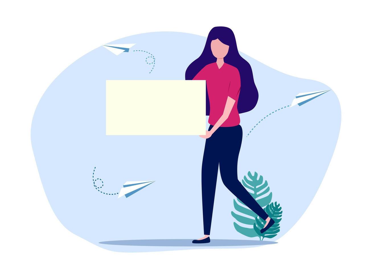 woman holding a blank paper board with paper airplanes flying around her vector