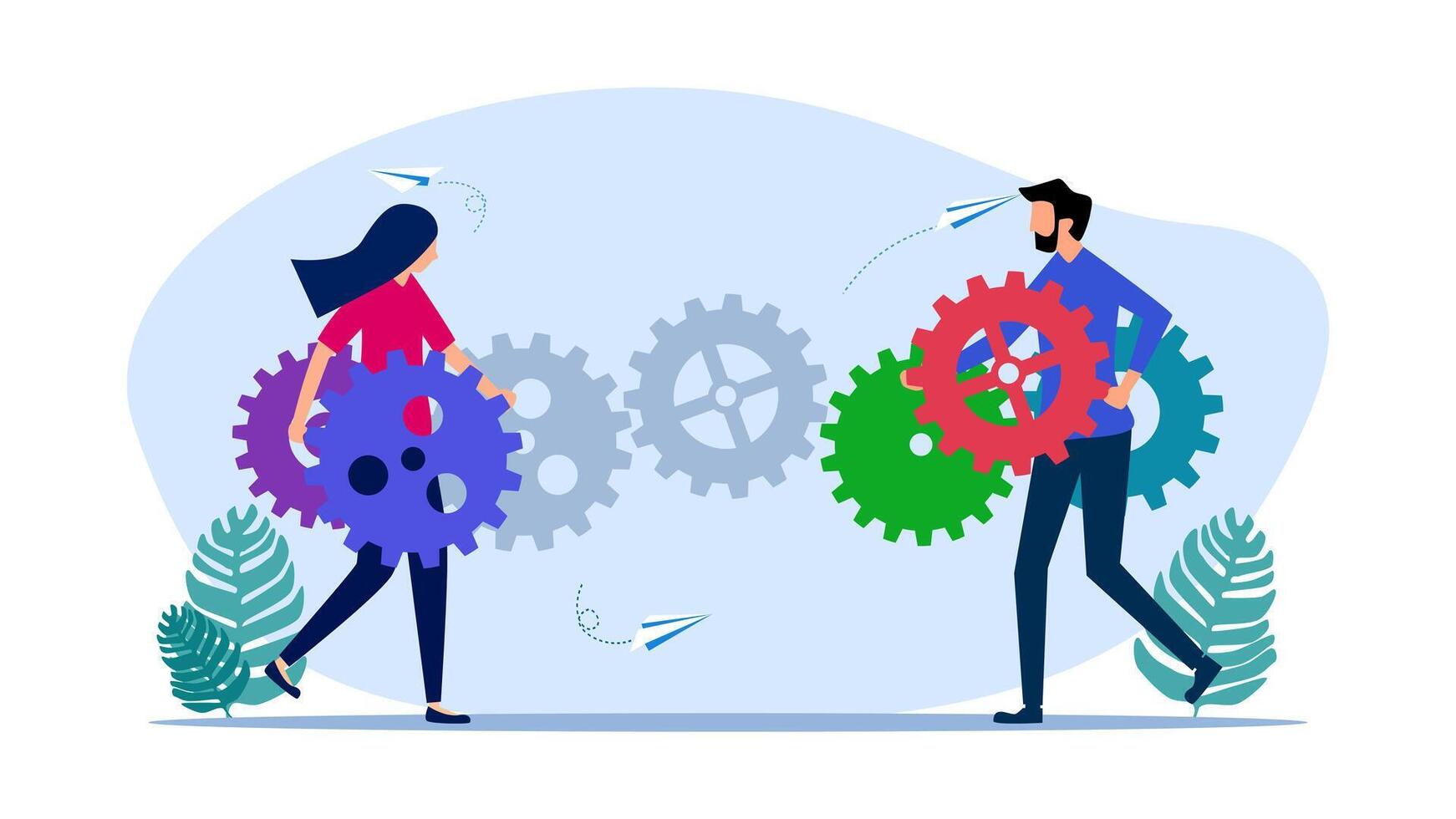 two people are holding gears and one is holding a paper airplane vector
