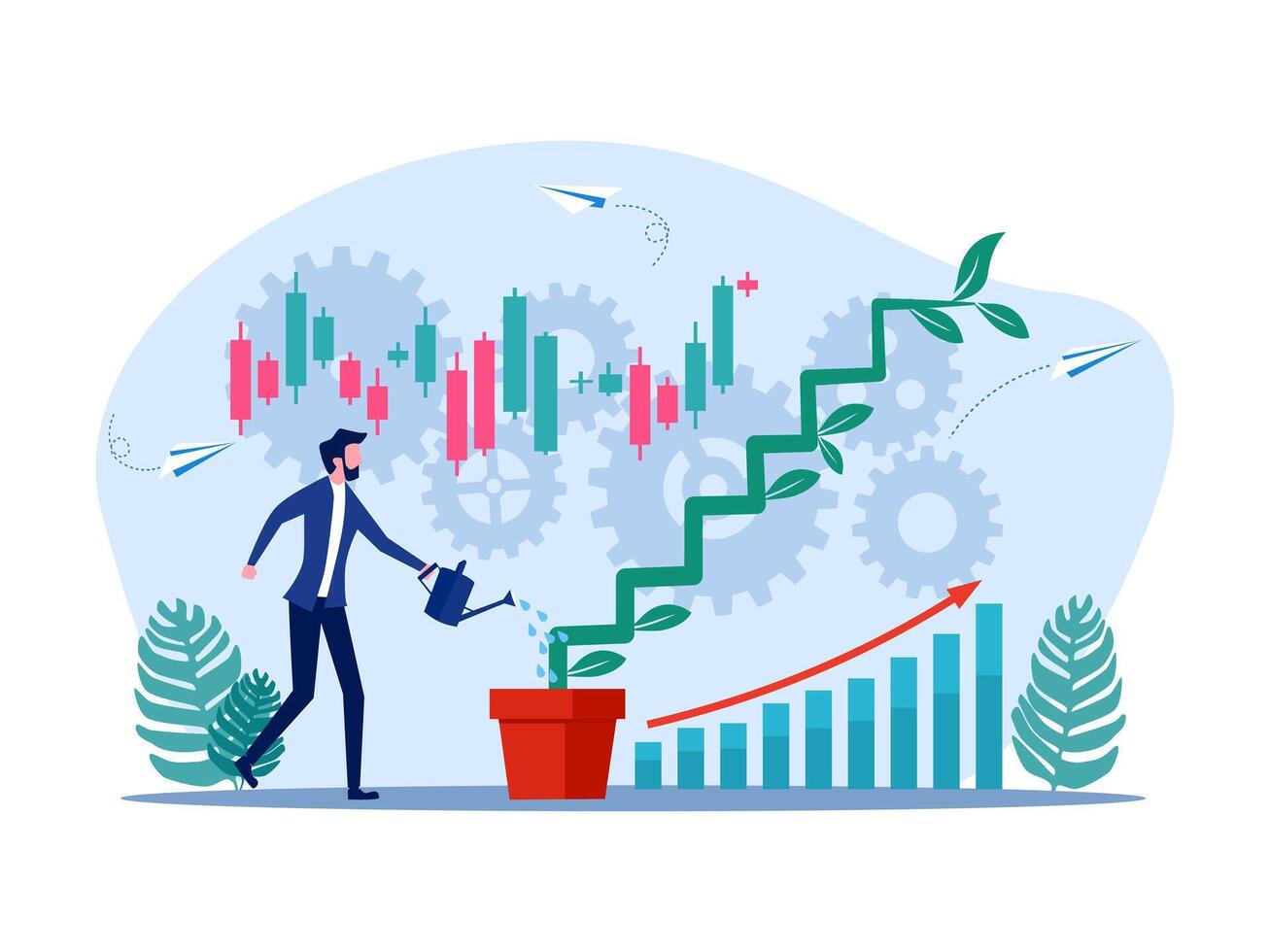 businessman watering plant with stock chart and growth chart vector