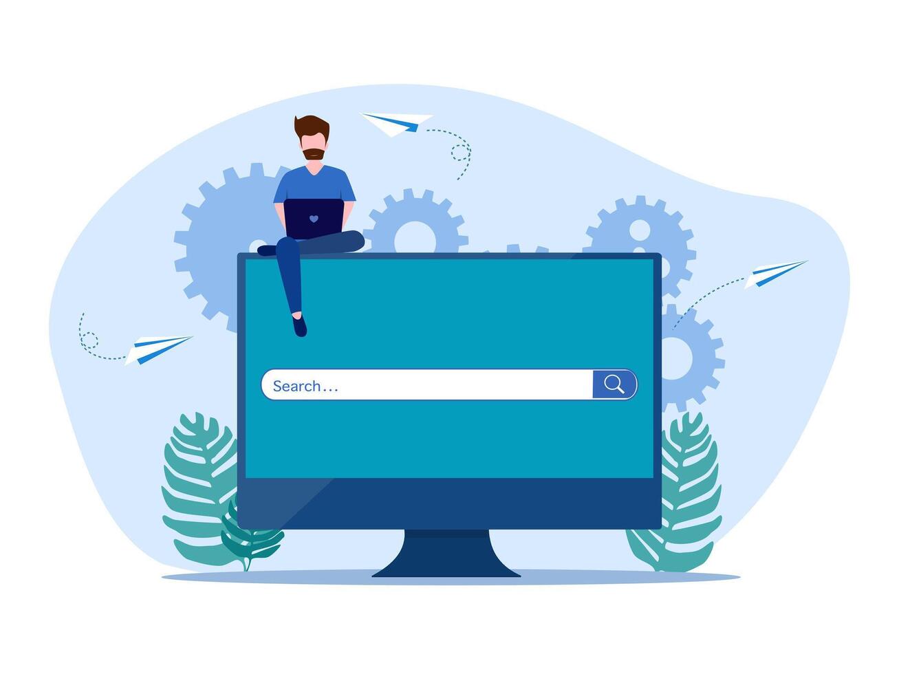 man sitting on computer with search box on top of monitor vector