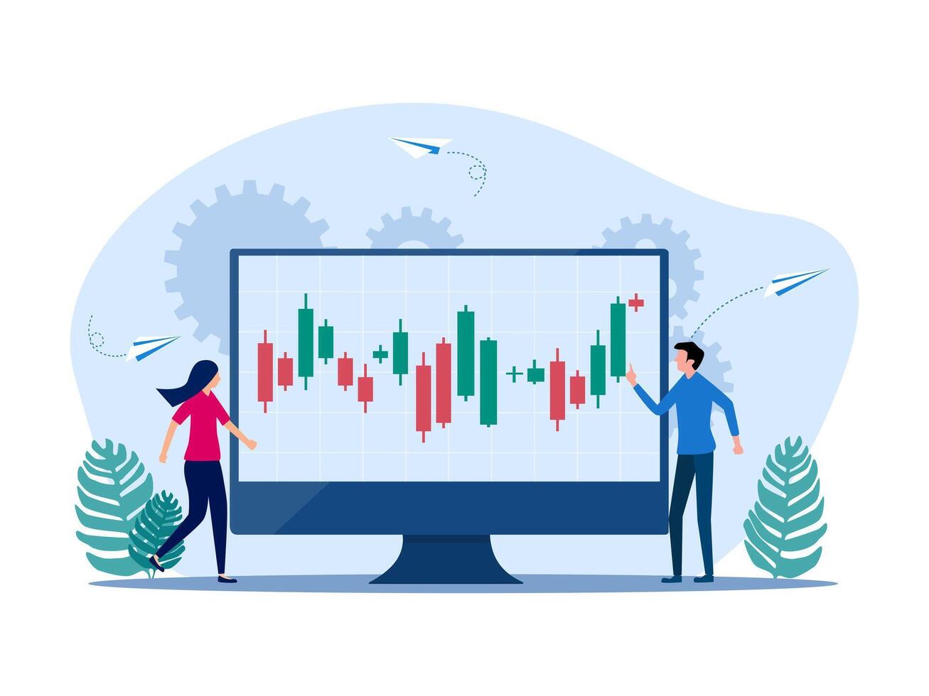 two people are looking at a chart on a computer screen vector