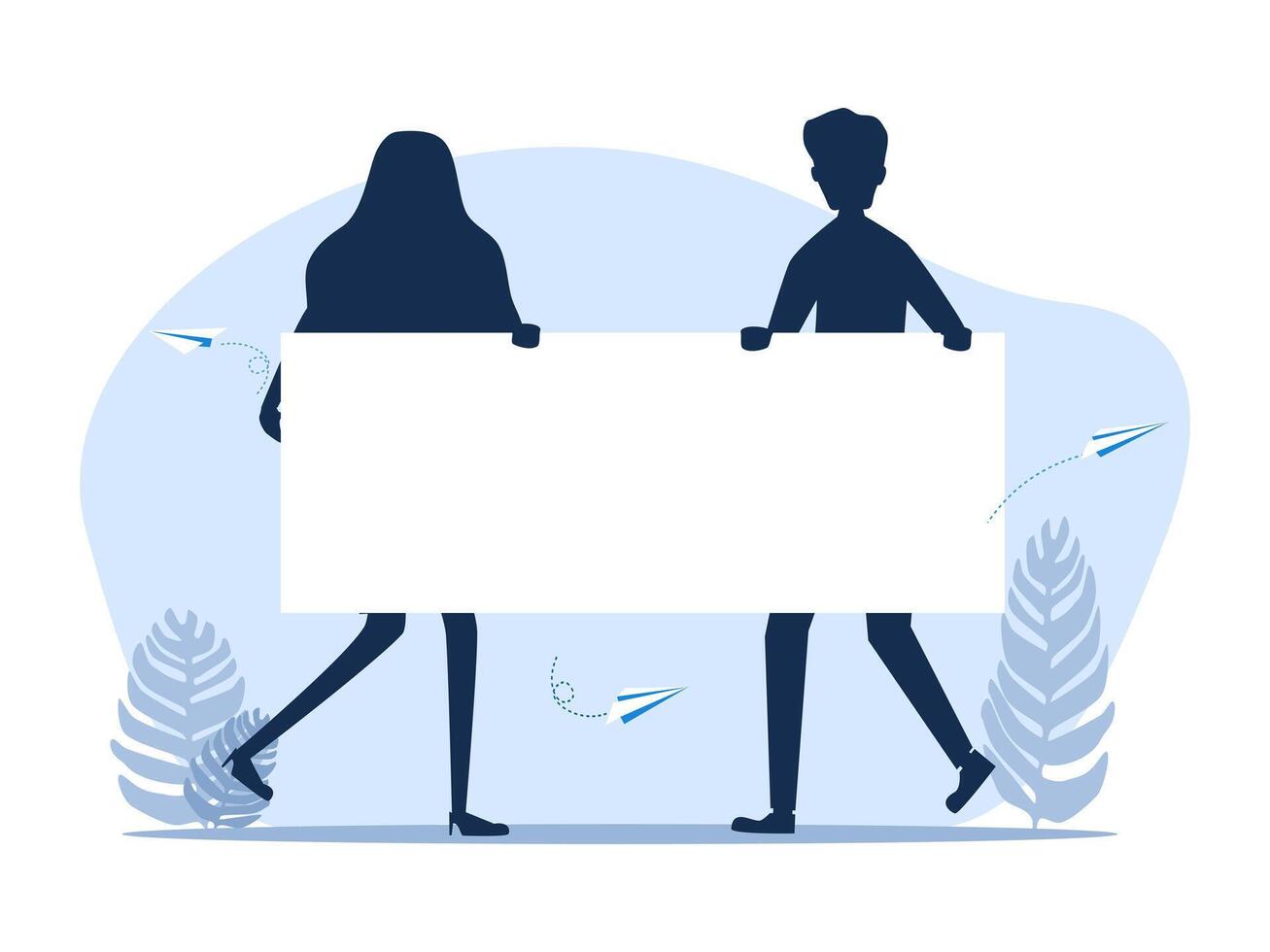 two people holding a blank sign with a plane flying by vector