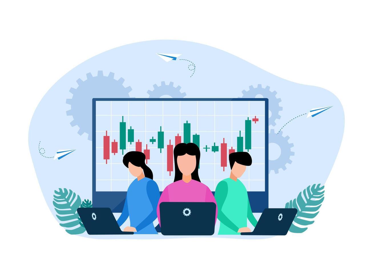 people working on computers with stock charts on the screen vector