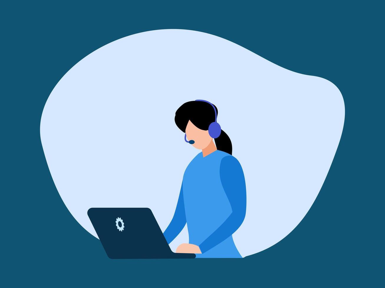 woman is sitting at a desk with a laptop vector