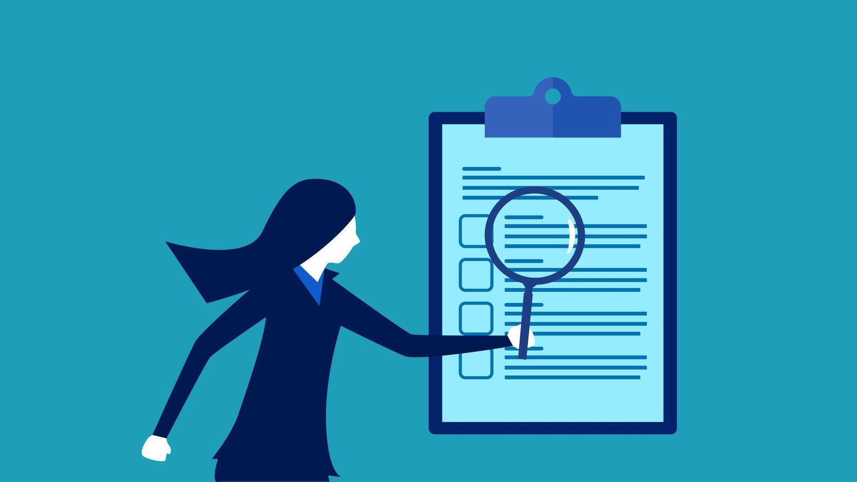 woman with magnifying glass and checklist on blue background vector
