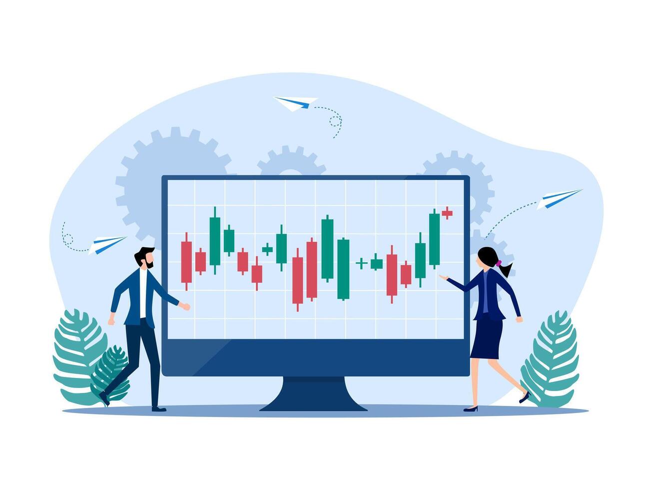 business people looking at stock chart on monitor vector