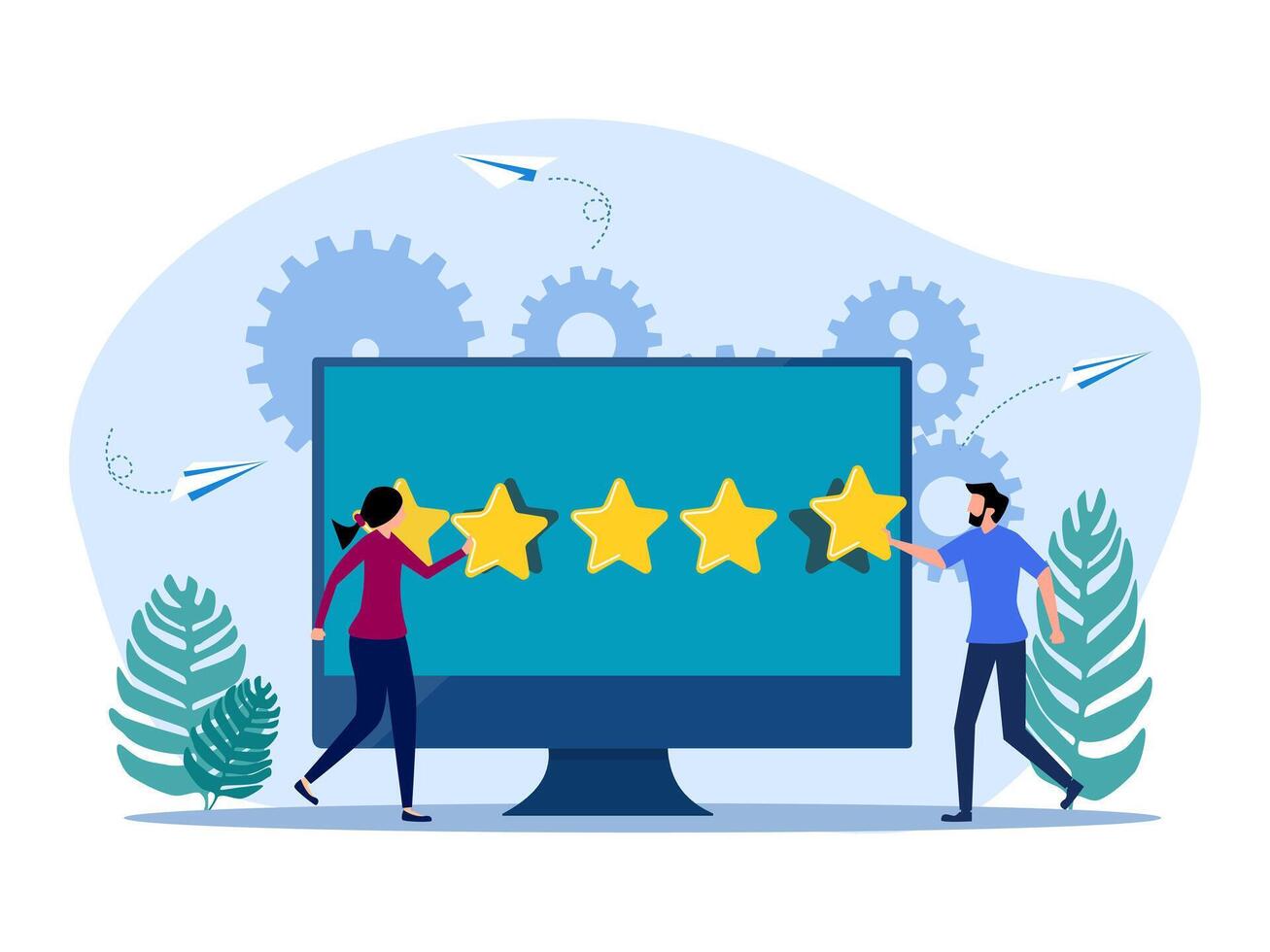 people are looking at a computer screen with five stars vector