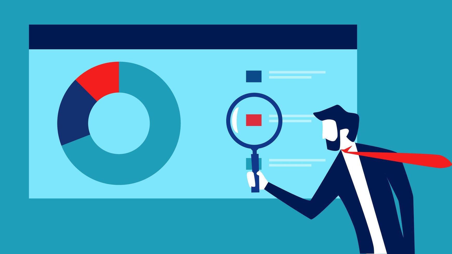 businessman holding magnifying glass looking at pie chart vector