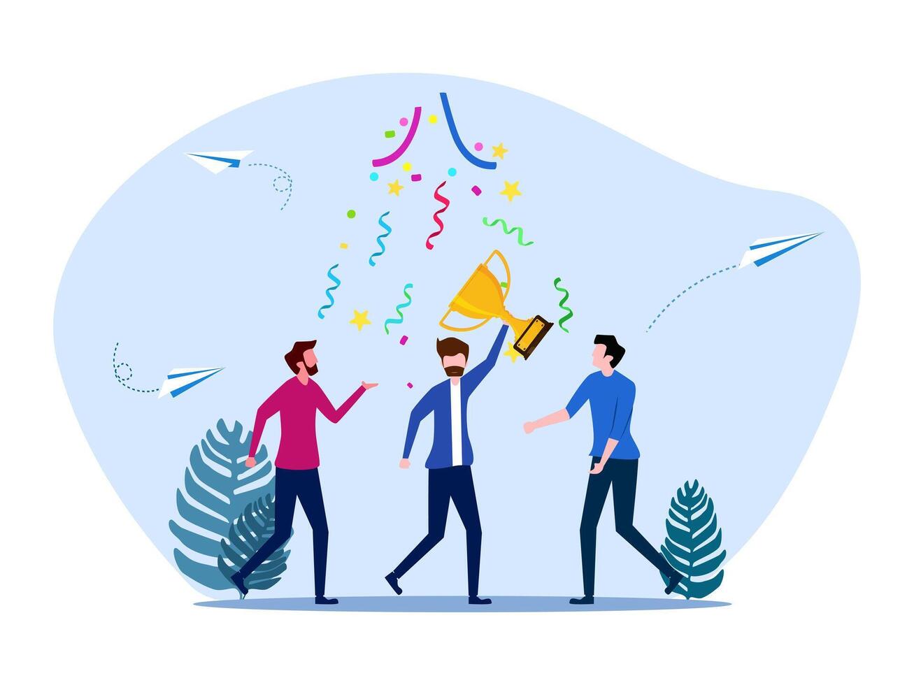 people celebrating with confetti and a trophy vector