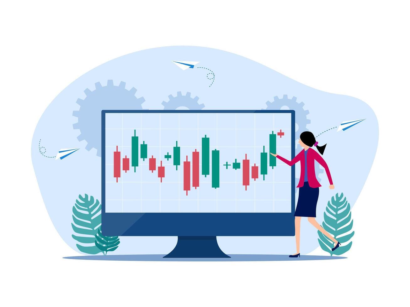 woman looking at stock chart on monitor vector