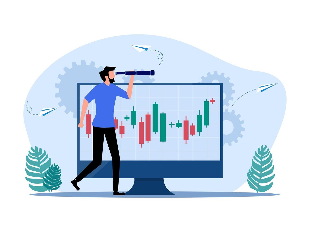 man looking at stock chart on monitor with binoculars vector