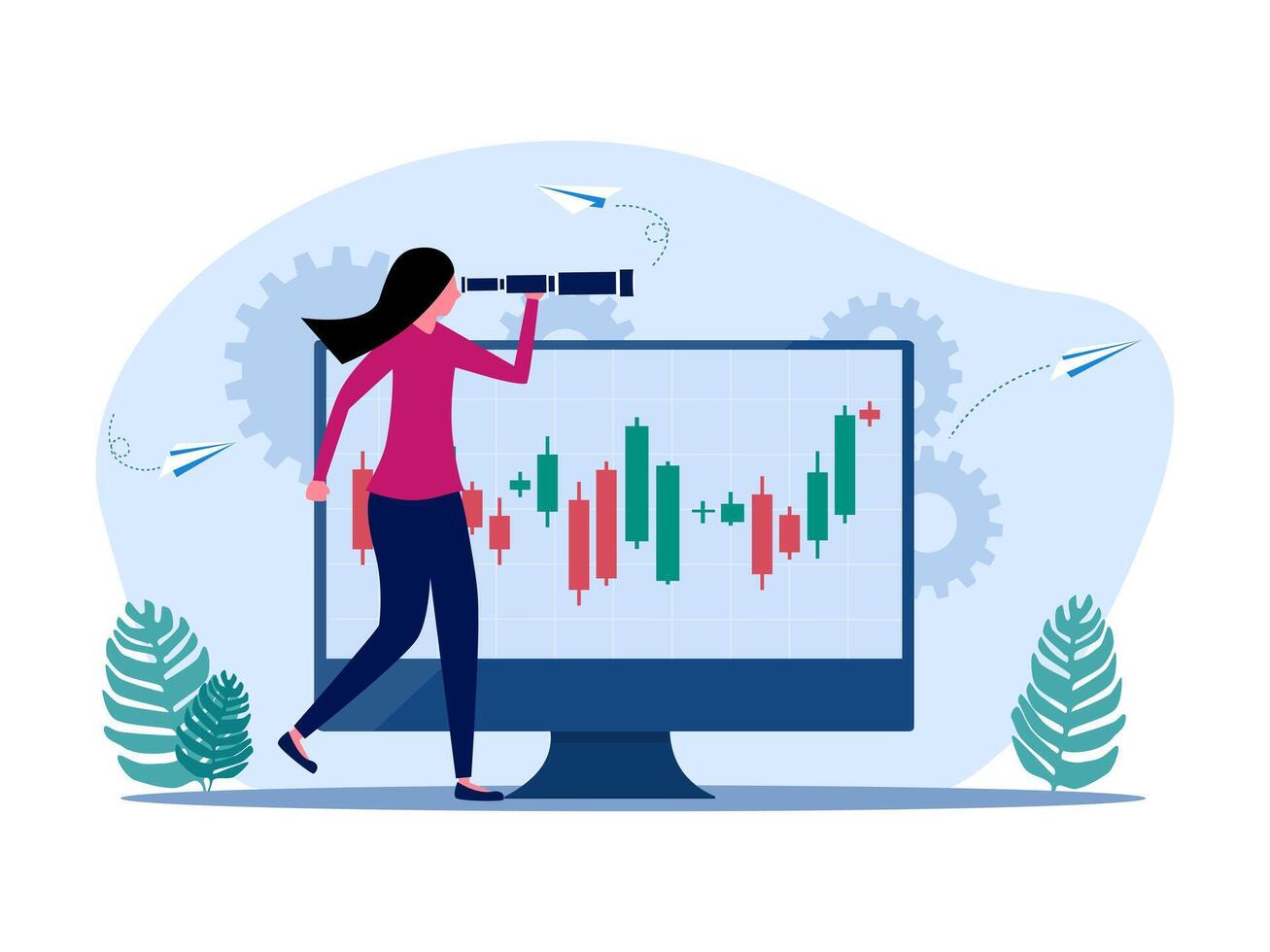 woman looking at stock chart on monitor vector