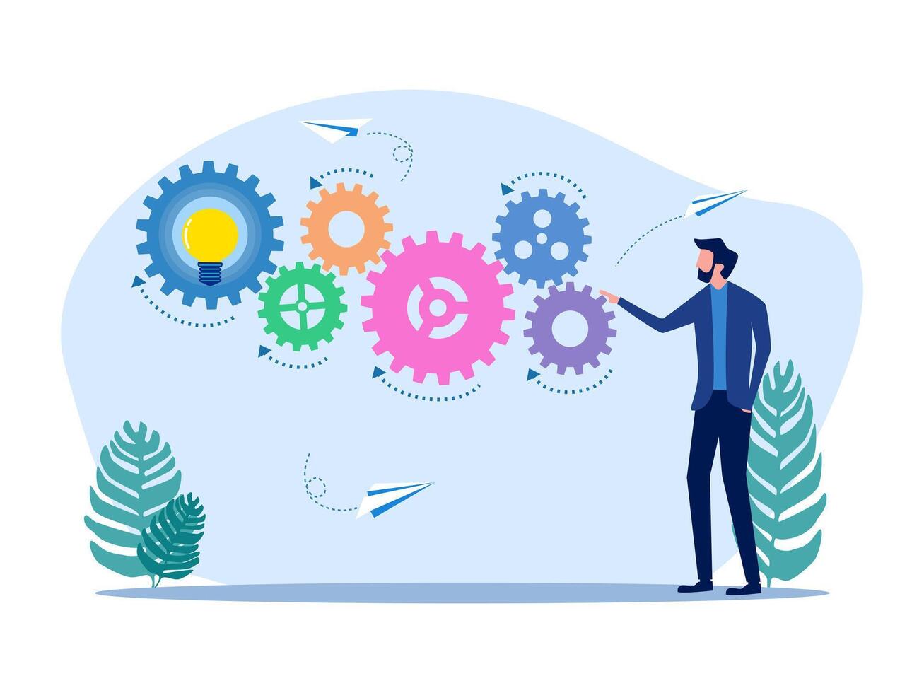 businessman with gears and lightbulb on his hand vector