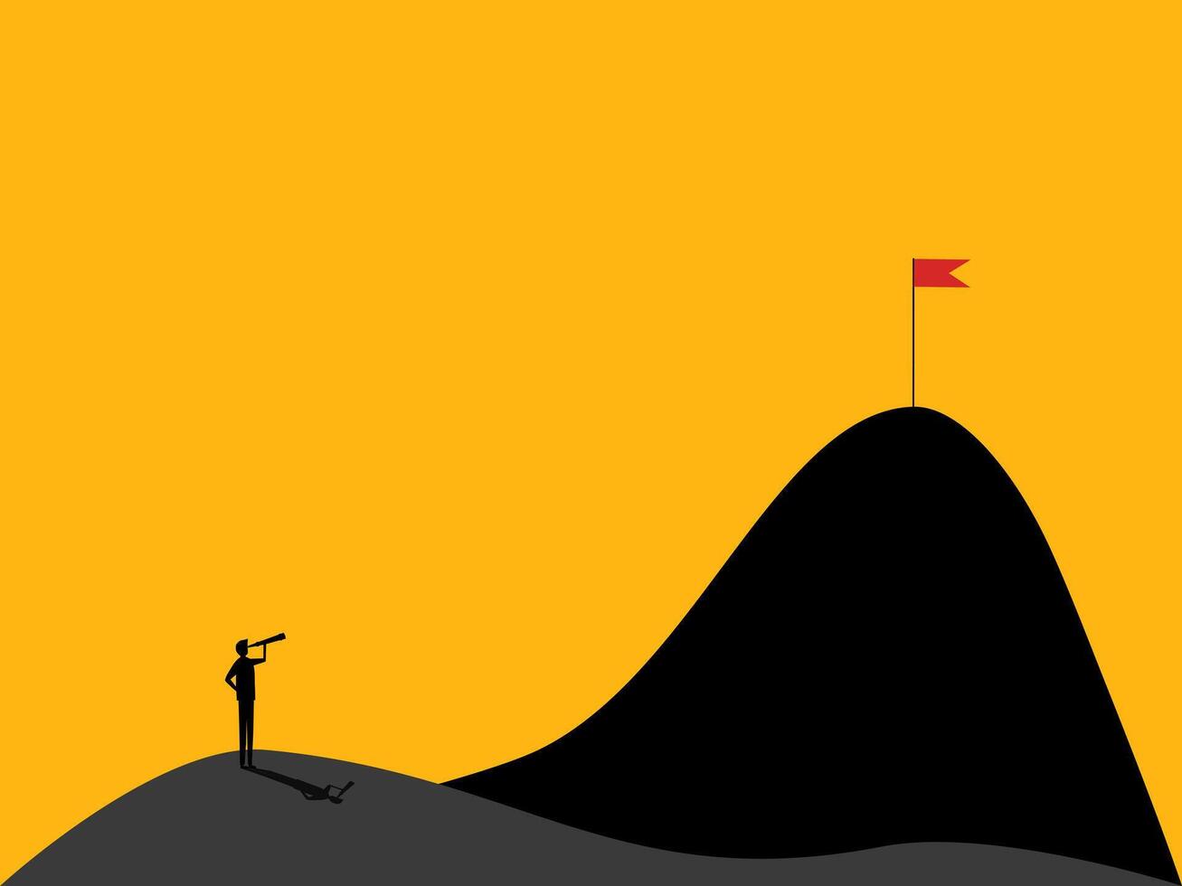 Businessman looks into the telescope at the flag of the mountain vector