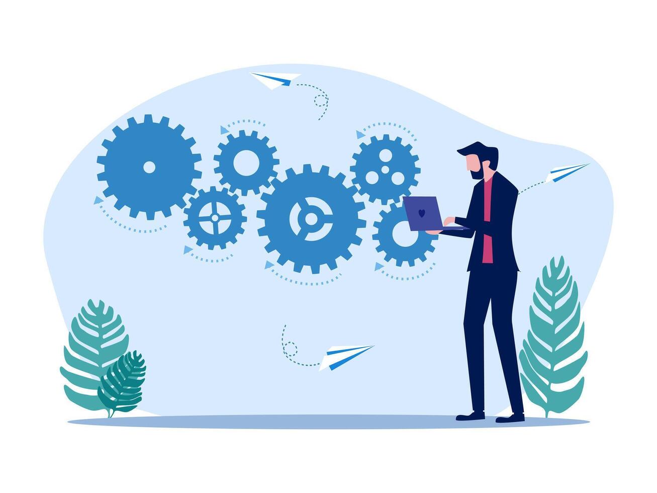 businessman with laptop and gears on background vector