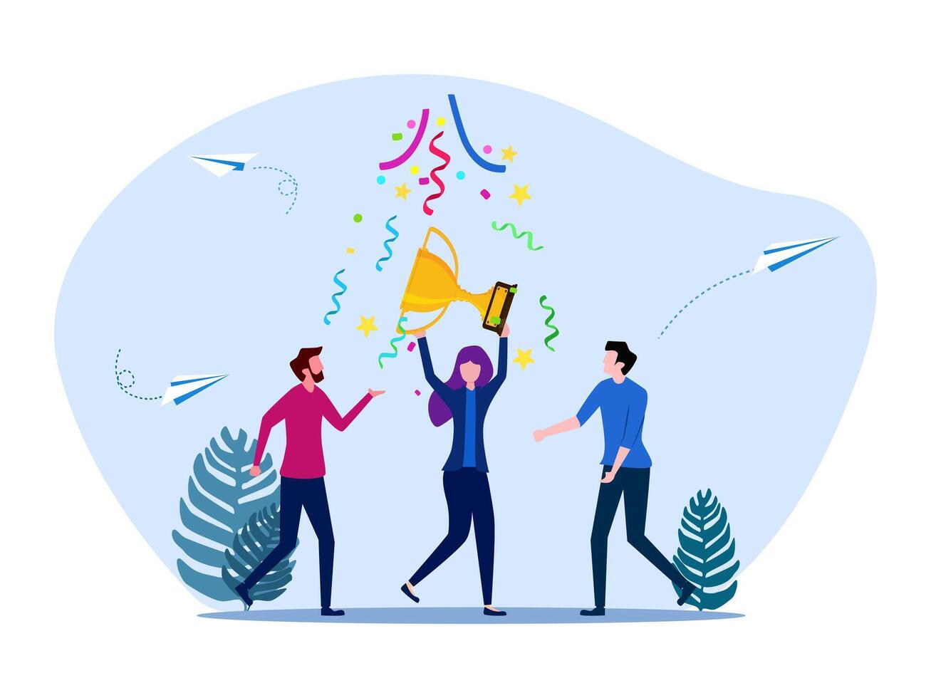 people celebrating with a trophy and confetti vector
