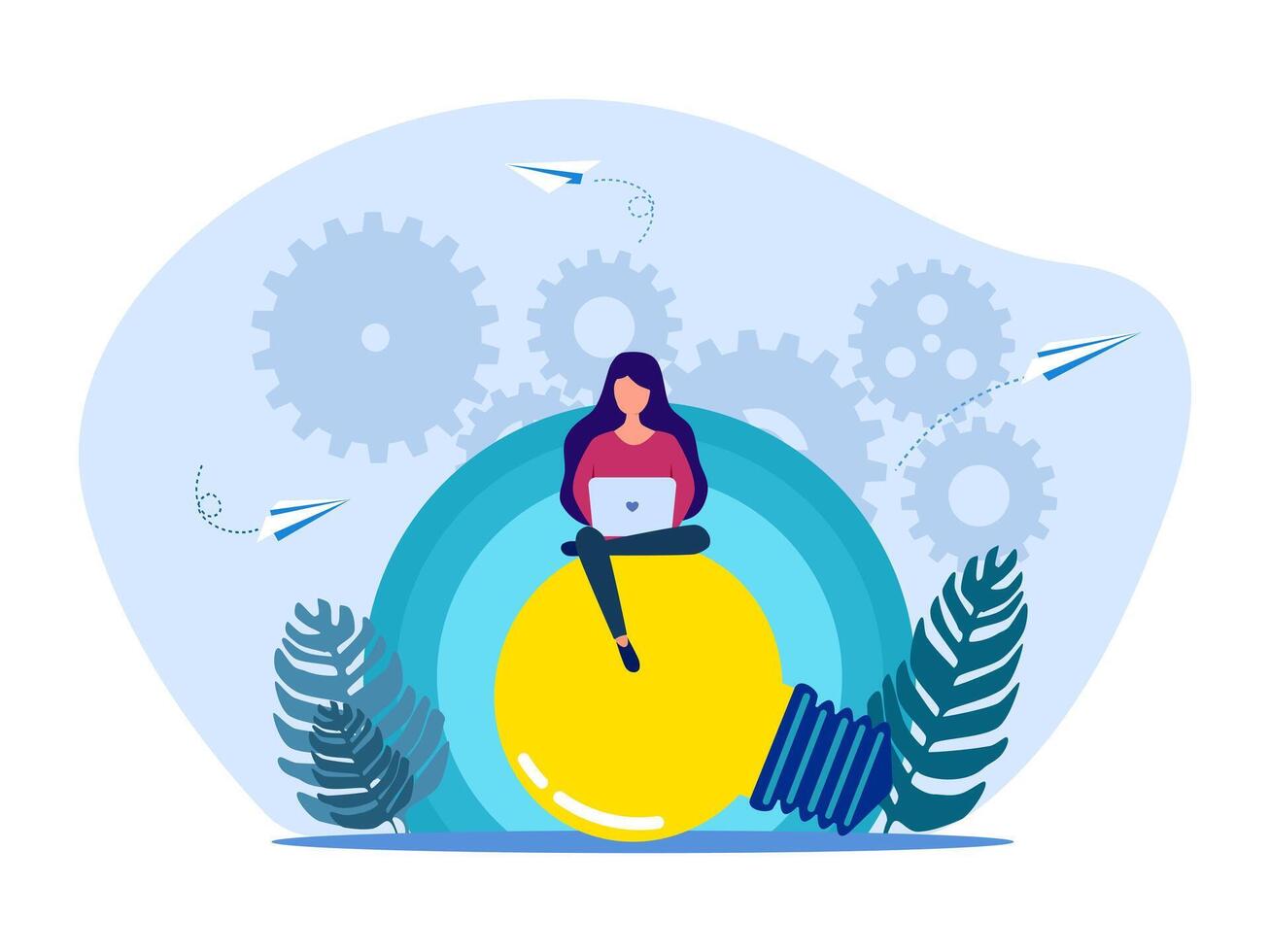 a woman sitting on a light bulb with gears and gears vector
