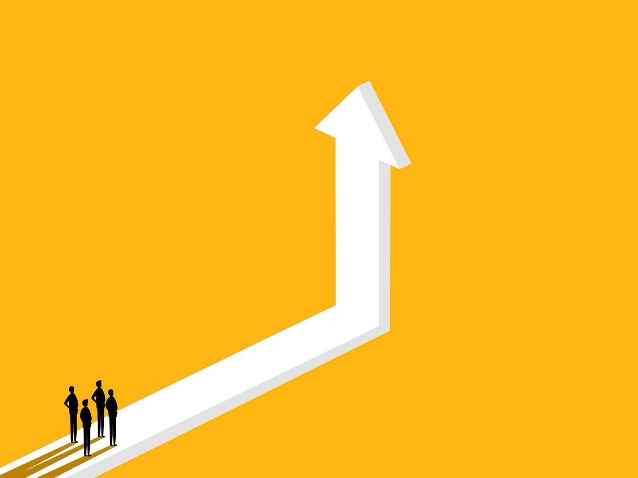 Discover new growth. Businessman team on an arrow pointing up vector