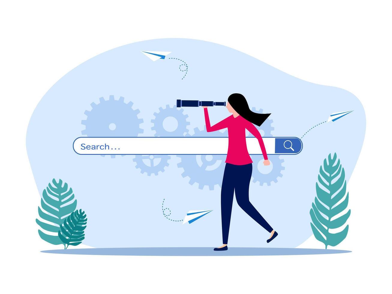 woman using a telescope to search for information vector