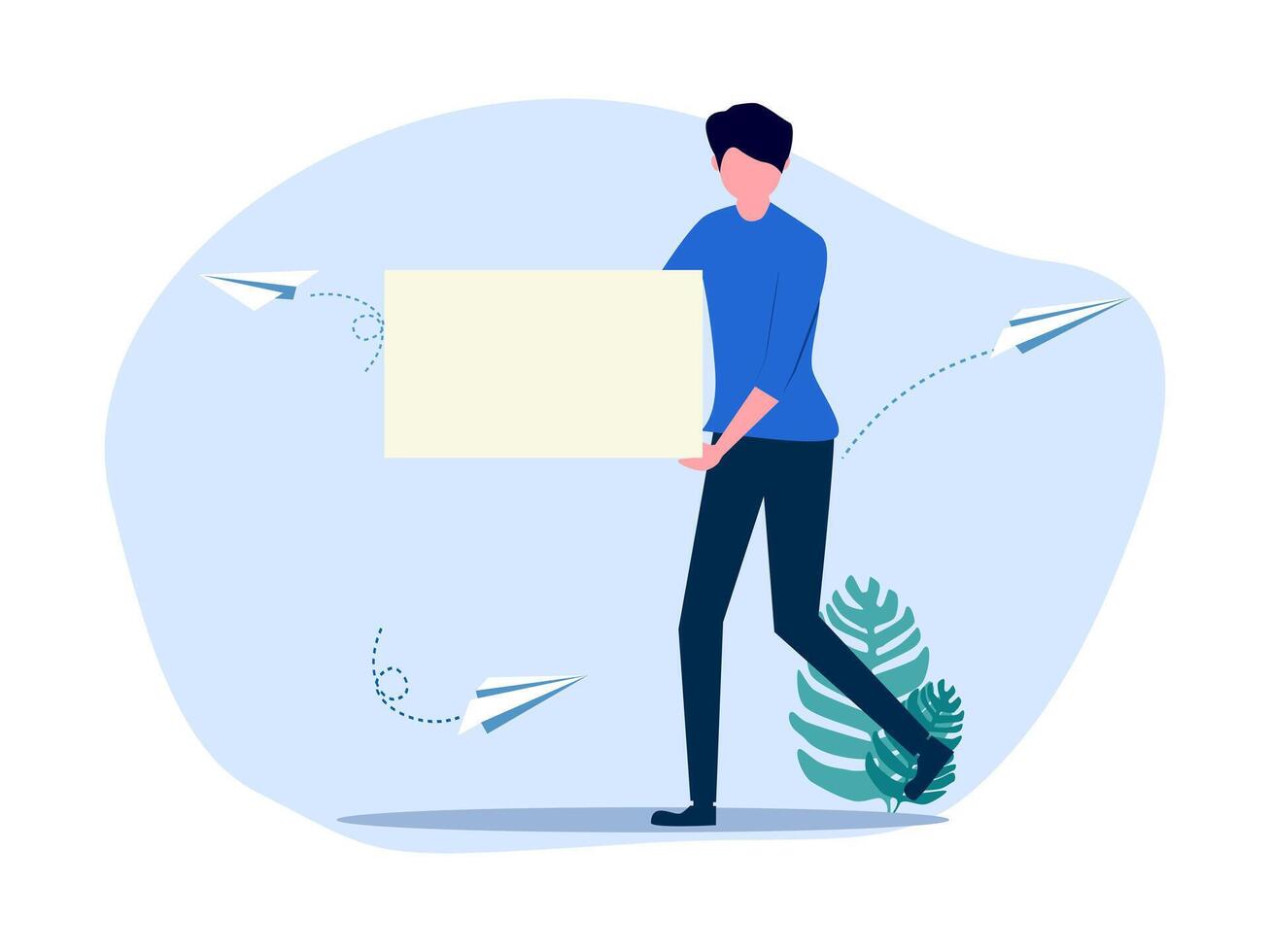 man holding a blank paper board with paper airplanes flying around him vector