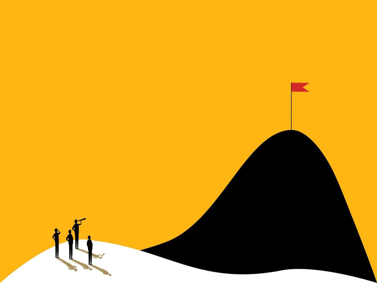 Businessman team looks into the telescope at the flag of the mountain vector