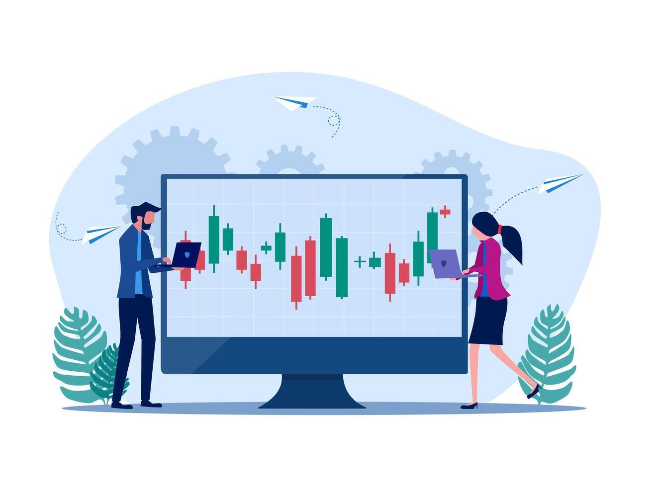 two people are looking at a chart on a computer screen vector