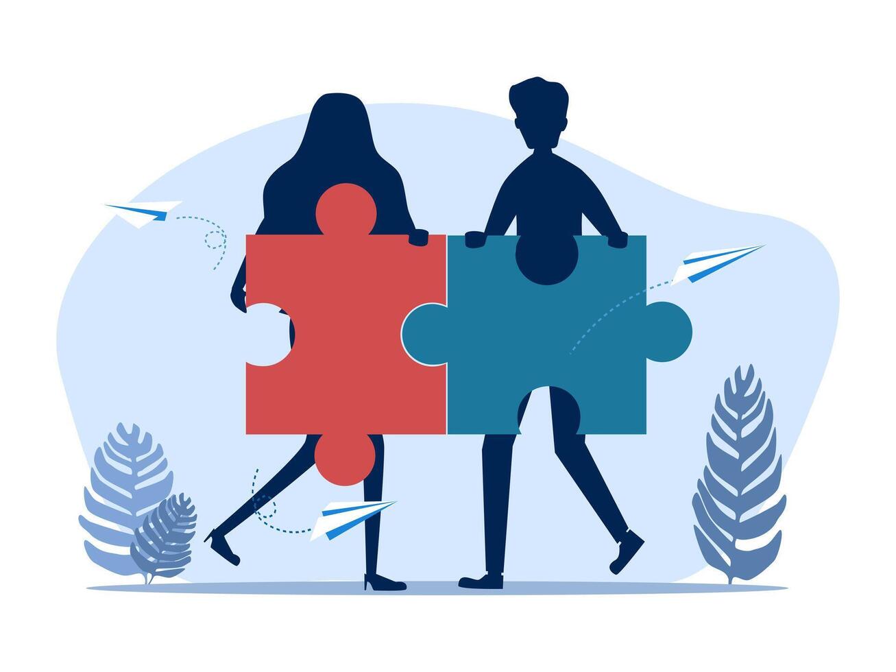 two people holding puzzle pieces, one is holding a piece of paper vector