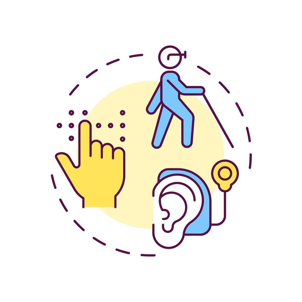 Sensory disabilities multi color concept icon. Perception impairment, medical care. Round shape line illustration. Abstract idea. Graphic design. Easy to use in infographic, presentation vector