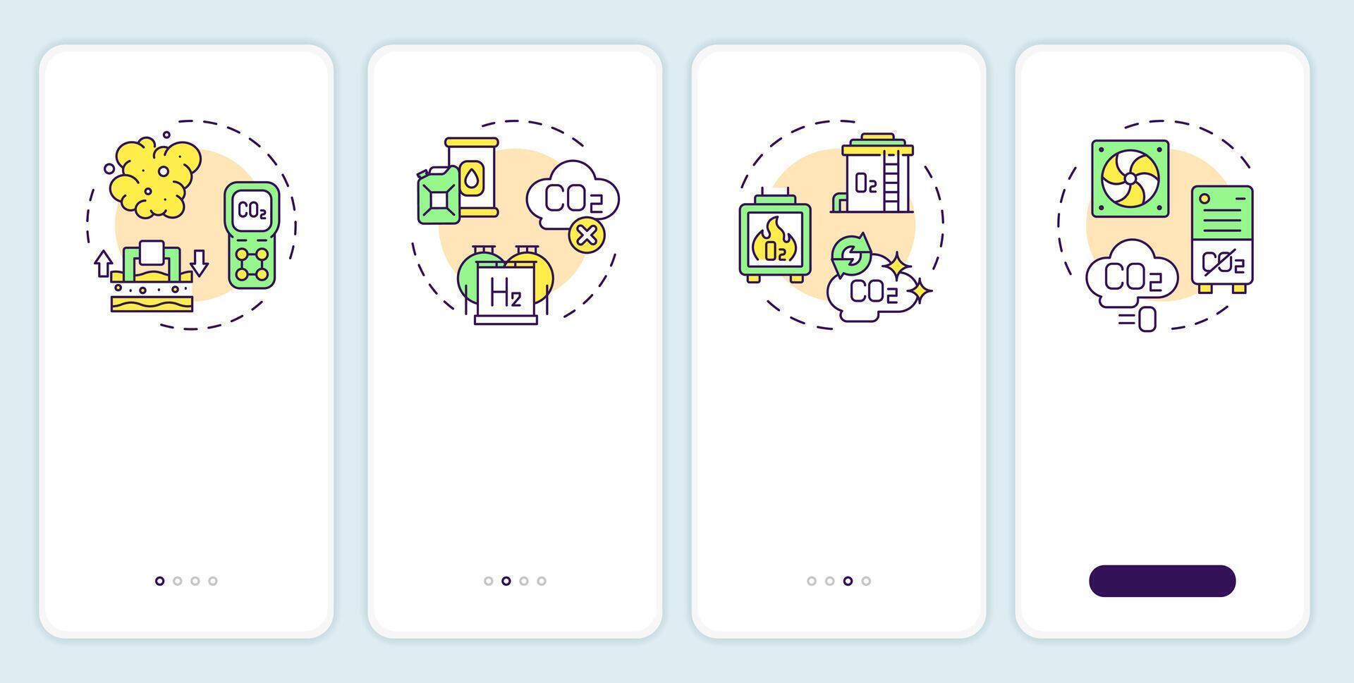 Carbon capture technologies onboarding mobile app screen. Walkthrough 4 steps editable graphic instructions with linear concepts. UI, UX, GUI template vector