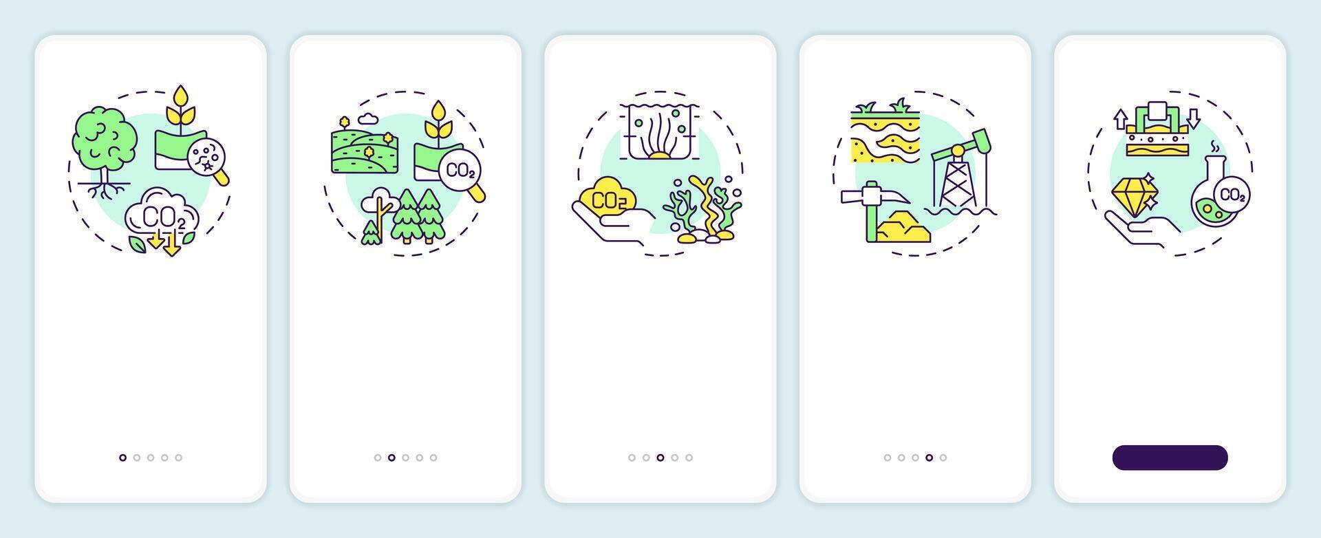 Carbon sequestration types onboarding mobile app screen. Walkthrough 5 steps editable graphic instructions with linear concepts. UI, UX, GUI template vector