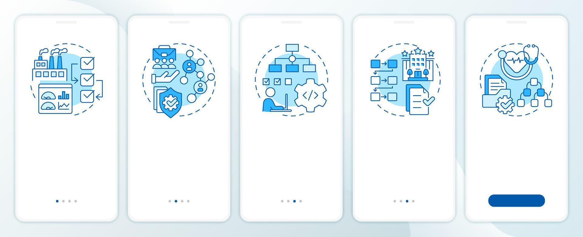SOP practices blue onboarding mobile app screen. Walkthrough 5 steps editable graphic instructions with linear concepts. UI, UX, GUI template vector