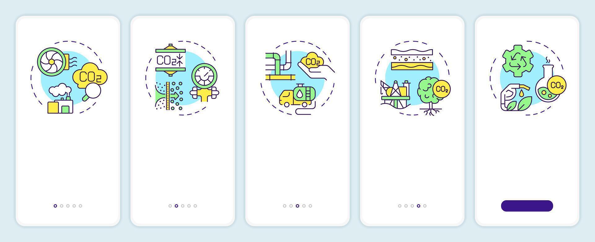 Carbon capture onboarding mobile app screen. Co2 emission. Walkthrough 5 steps editable graphic instructions with linear concepts. UI, UX, GUI template vector