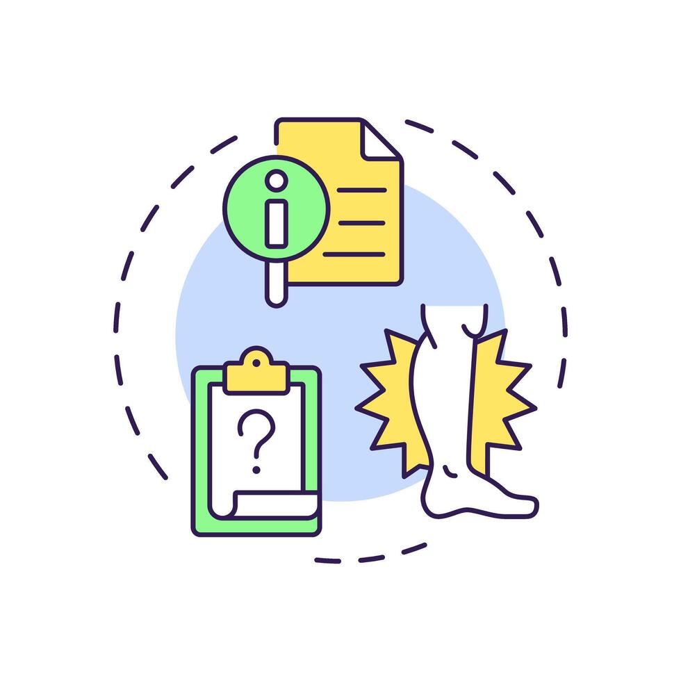 Workplace injuries investigation multi color concept icon. Medical report, worker illness. Round shape line illustration. Abstract idea. Graphic design. Easy to use in infographic, presentation vector