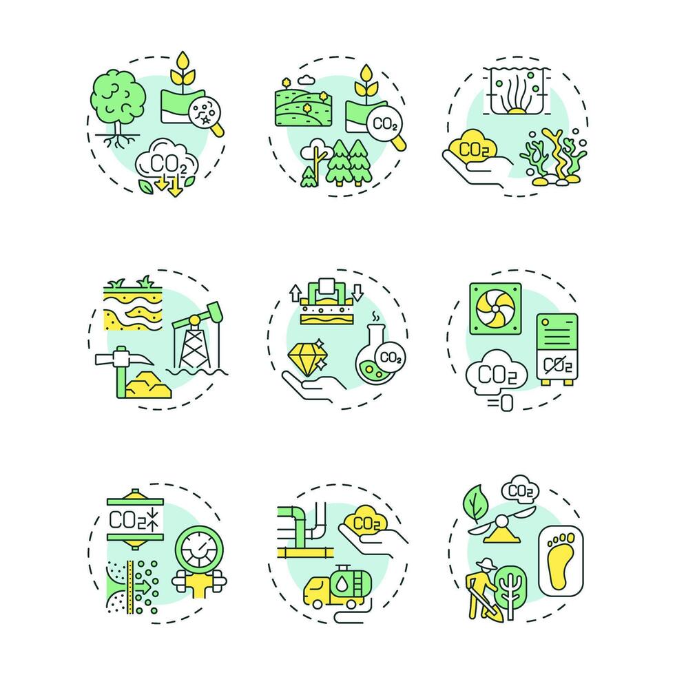 Carbon sequestration multi color concept icons. Co2 emission, forestation. Greenhouse gas. Icon pack. Round shape illustrations for infographic, presentation. Abstract idea vector