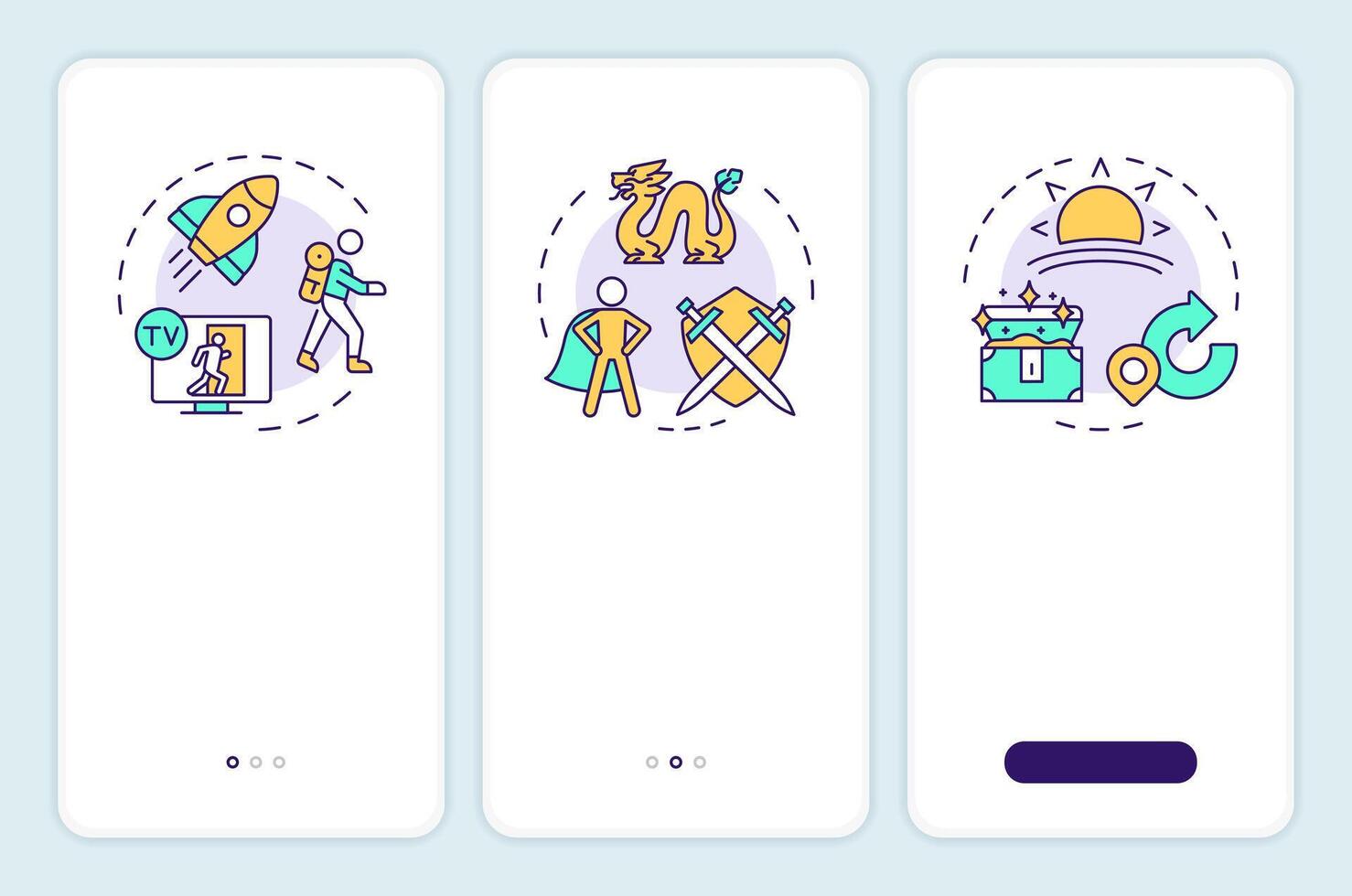 Hero journey narrative onboarding mobile app screen. Walkthrough 3 steps editable graphic instructions with linear concepts. UI, UX, GUI template vector