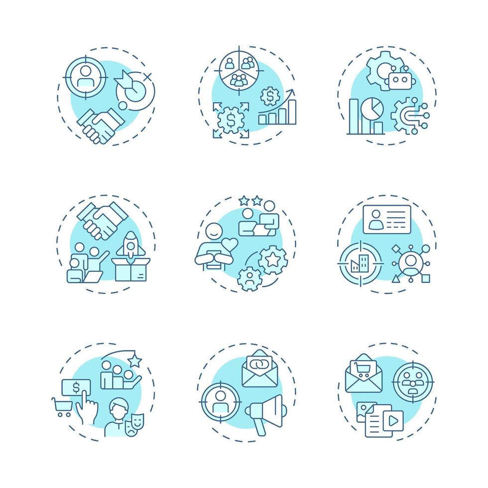 ABM soft blue concept icons. Advertisement strategy, personalization. Targeted marketing. Icon pack. Round shape illustrations for infographic, presentation. Abstract idea vector