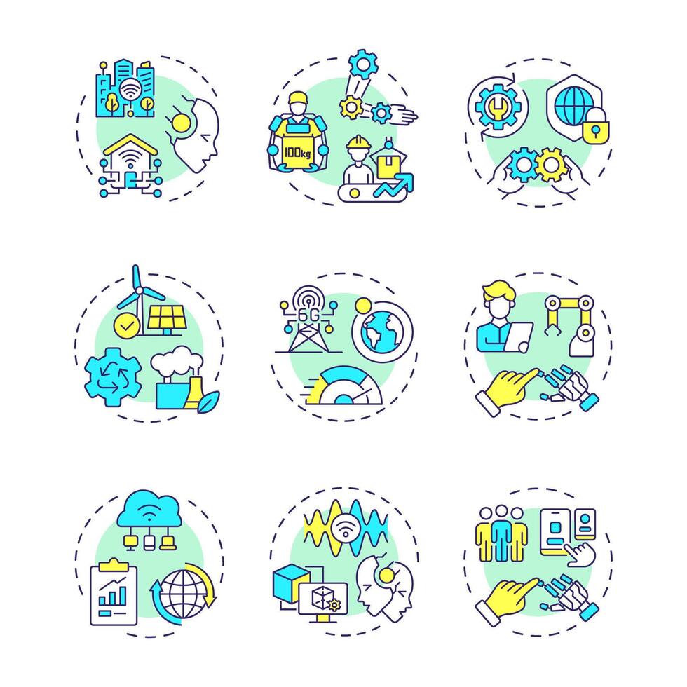 Industry 5 related multi color concept icons. Industrial revolution. Smart technologies. Resilienca and sustainability. Icon pack. Round shape illustrations. Abstract idea vector