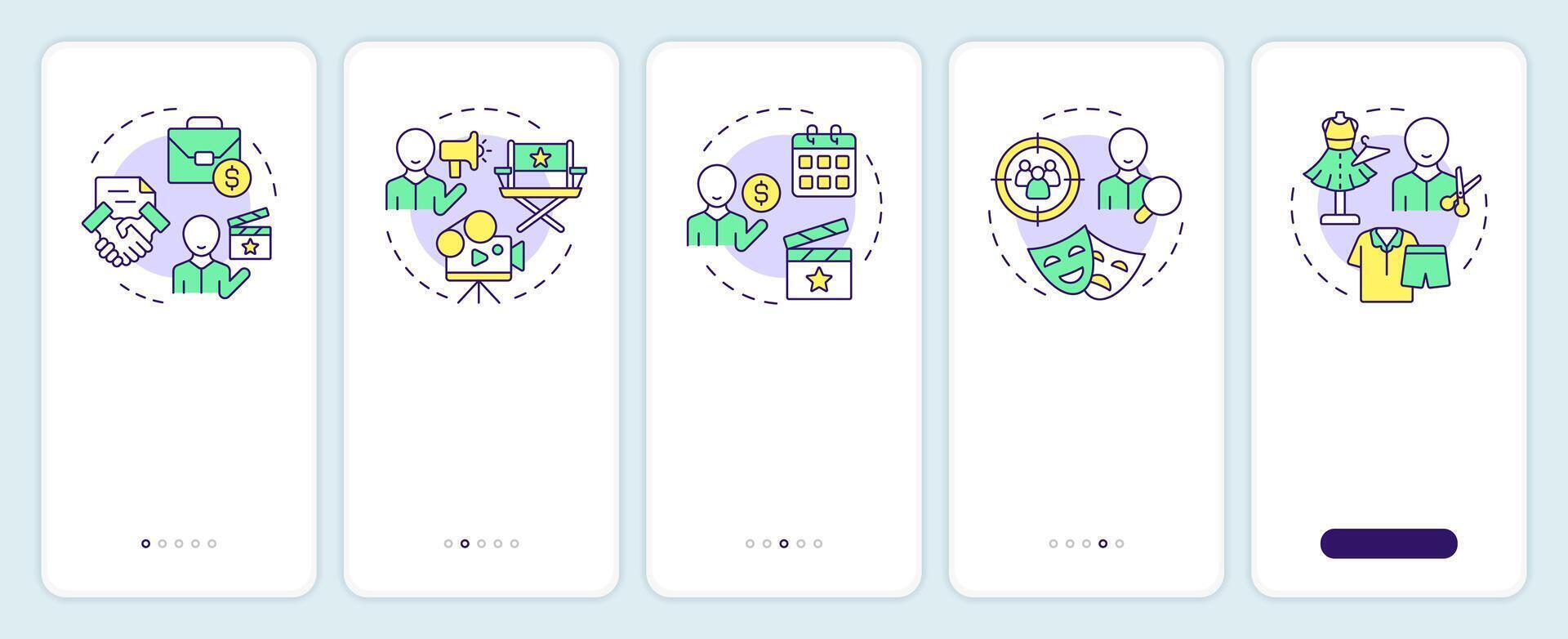 Film crew positions onboarding mobile app screen. Walkthrough 5 steps editable graphic instructions with linear concepts. UI, UX, GUI template vector