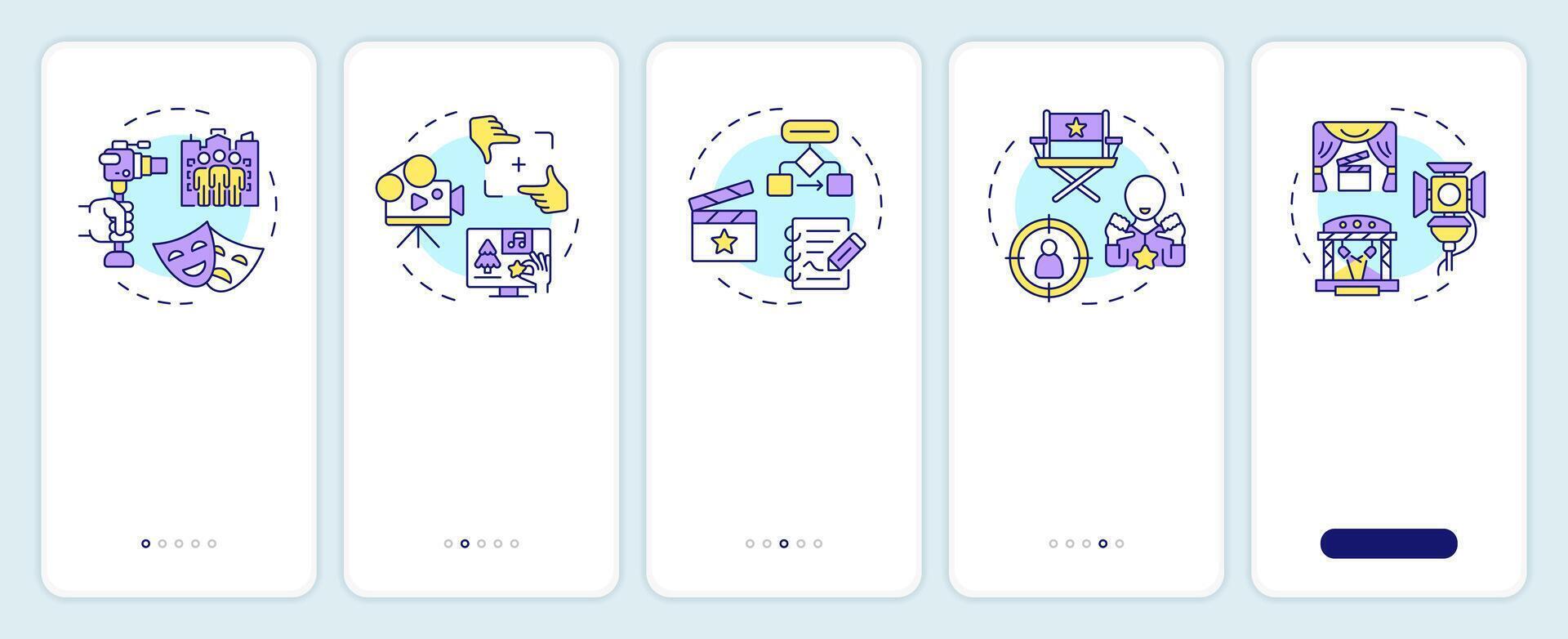 Film theories onboarding mobile app screen. Filmmaking, filming. Walkthrough 5 steps editable graphic instructions with linear concepts. UI, UX, GUI template vector