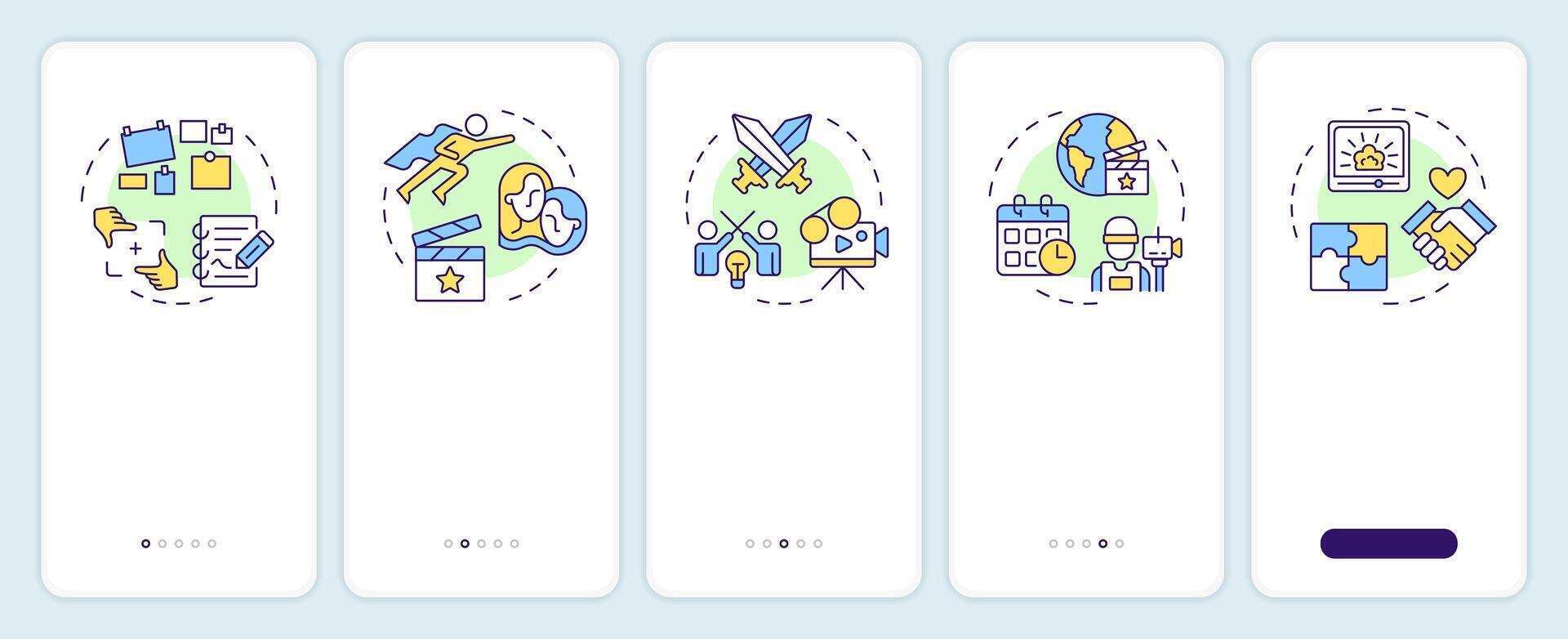 Story narrative elements onboarding mobile app screen. Walkthrough 5 steps editable graphic instructions with linear concepts. UI, UX, GUI template vector