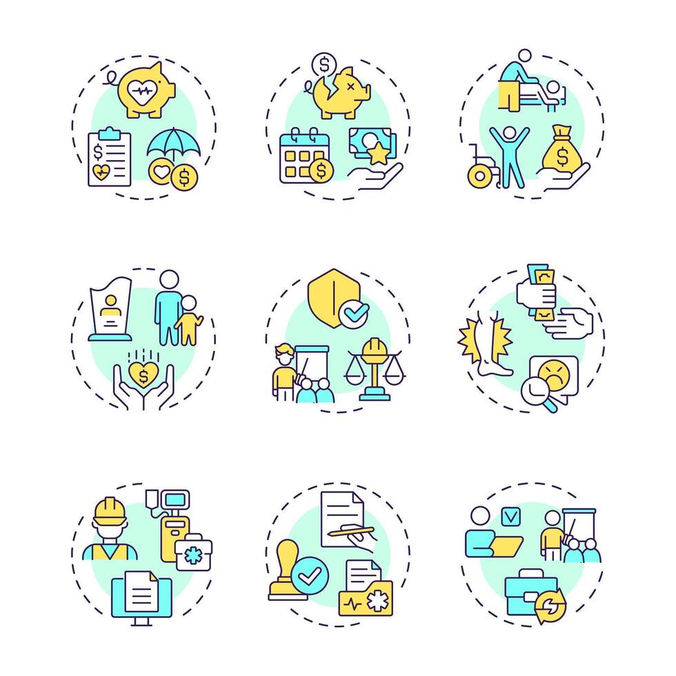 Workers compensation multi color concept icons. Workplace safety, medical service. Injury treatment. Icon pack. Round shape illustrations for infographic, presentation. Abstract idea vector