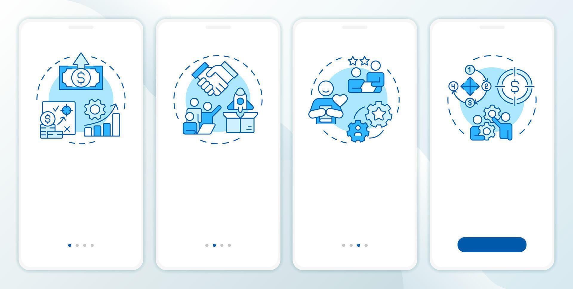 ABM benefits blue onboarding mobile app screen. Walkthrough 4 steps editable graphic instructions with linear concepts. UI, UX, GUI template vector