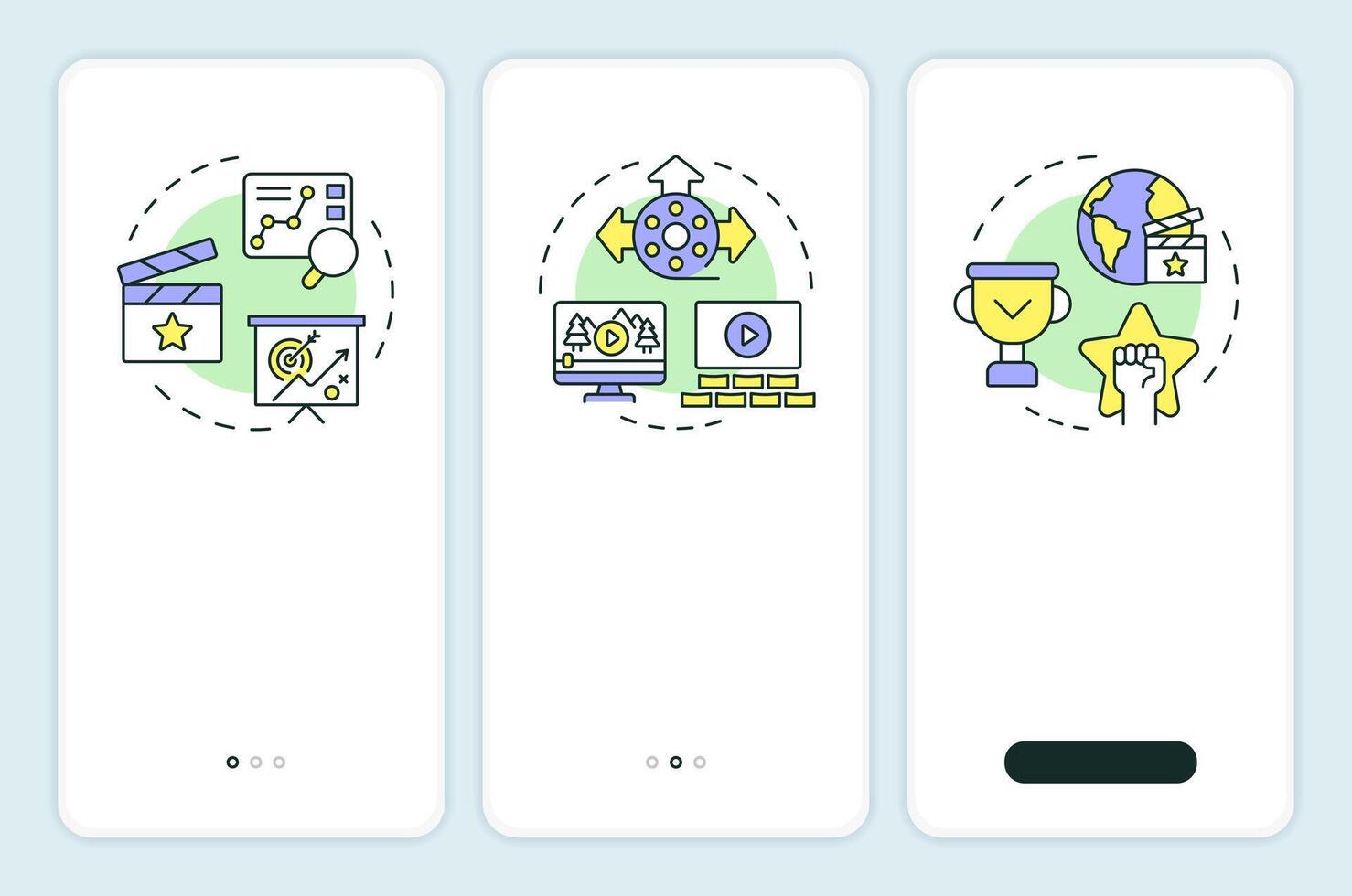 Film promotion onboarding mobile app screen. Advertising strategy. Walkthrough 3 steps editable graphic instructions with linear concepts. UI, UX, GUI template vector