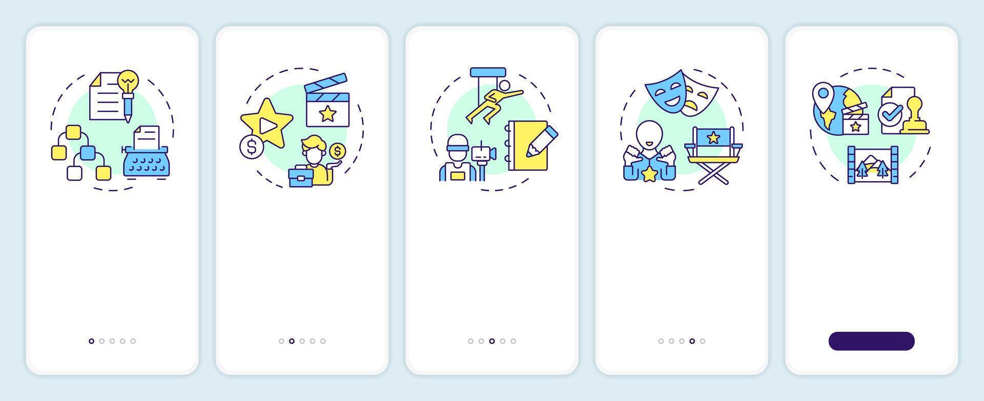 Movie pre-production onboarding mobile app screen. Walkthrough 5 steps editable graphic instructions with linear concepts. UI, UX, GUI template vector