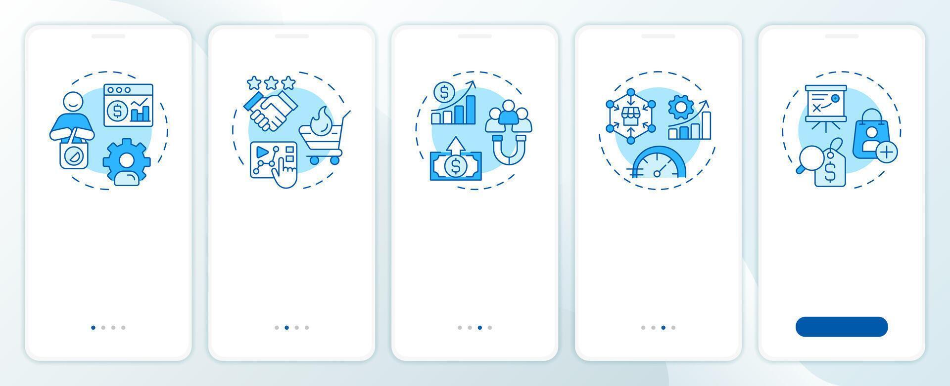 ABM efficiency blue onboarding mobile app screen. Walkthrough 5 steps editable graphic instructions with linear concepts. UI, UX, GUI template vector