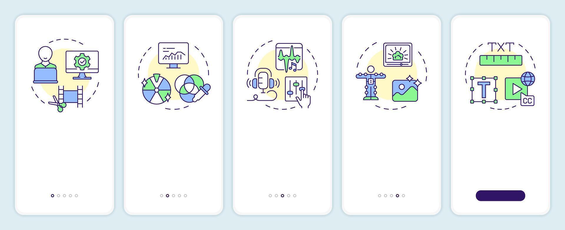 Post-production phase onboarding mobile app screen. Walkthrough 5 steps editable graphic instructions with linear concepts. UI, UX, GUI template vector