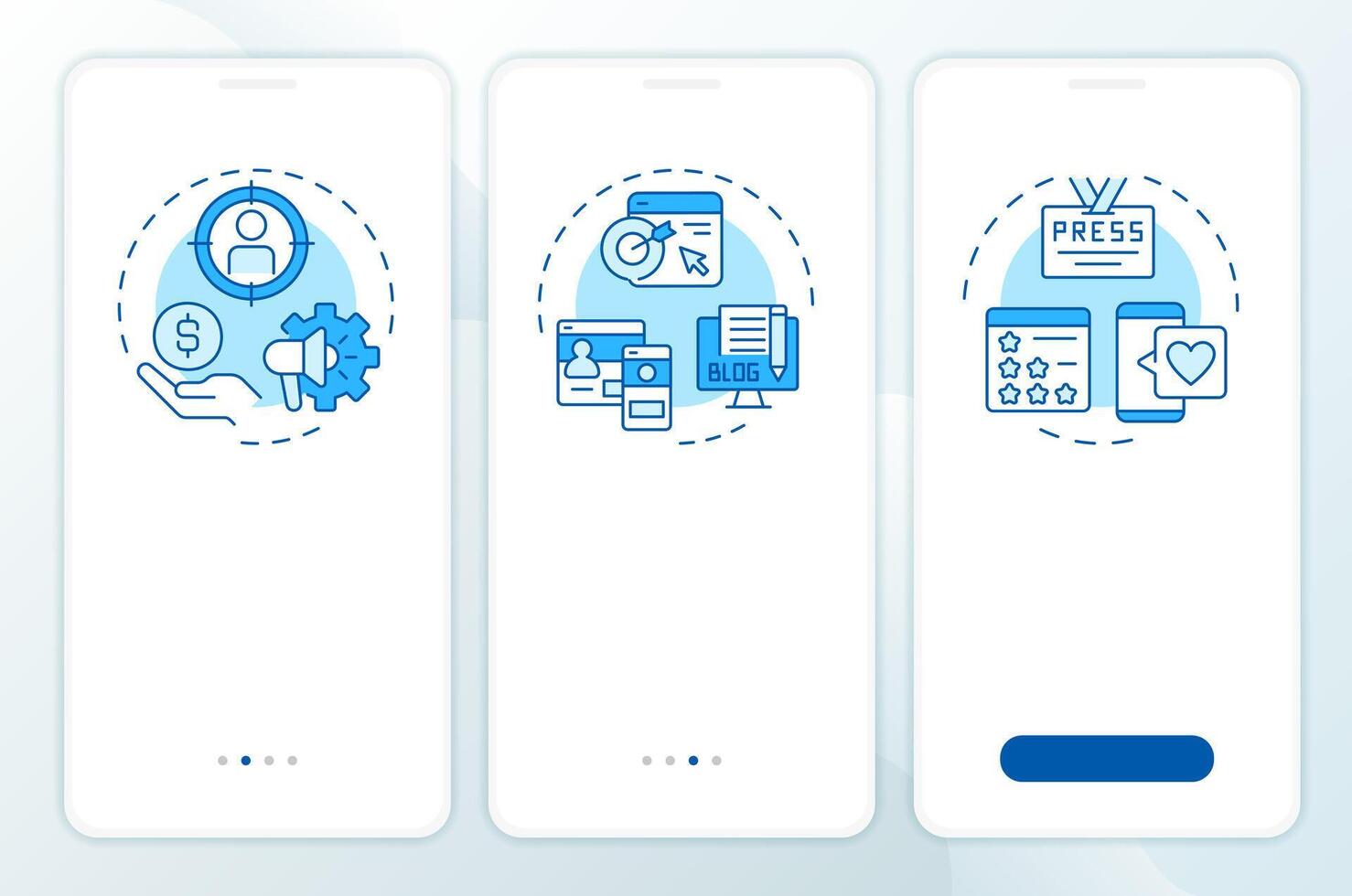 Digital media trifecta blue onboarding mobile app screen. Walkthrough 3 steps editable graphic instructions with linear concepts. UI, UX, GUI template vector