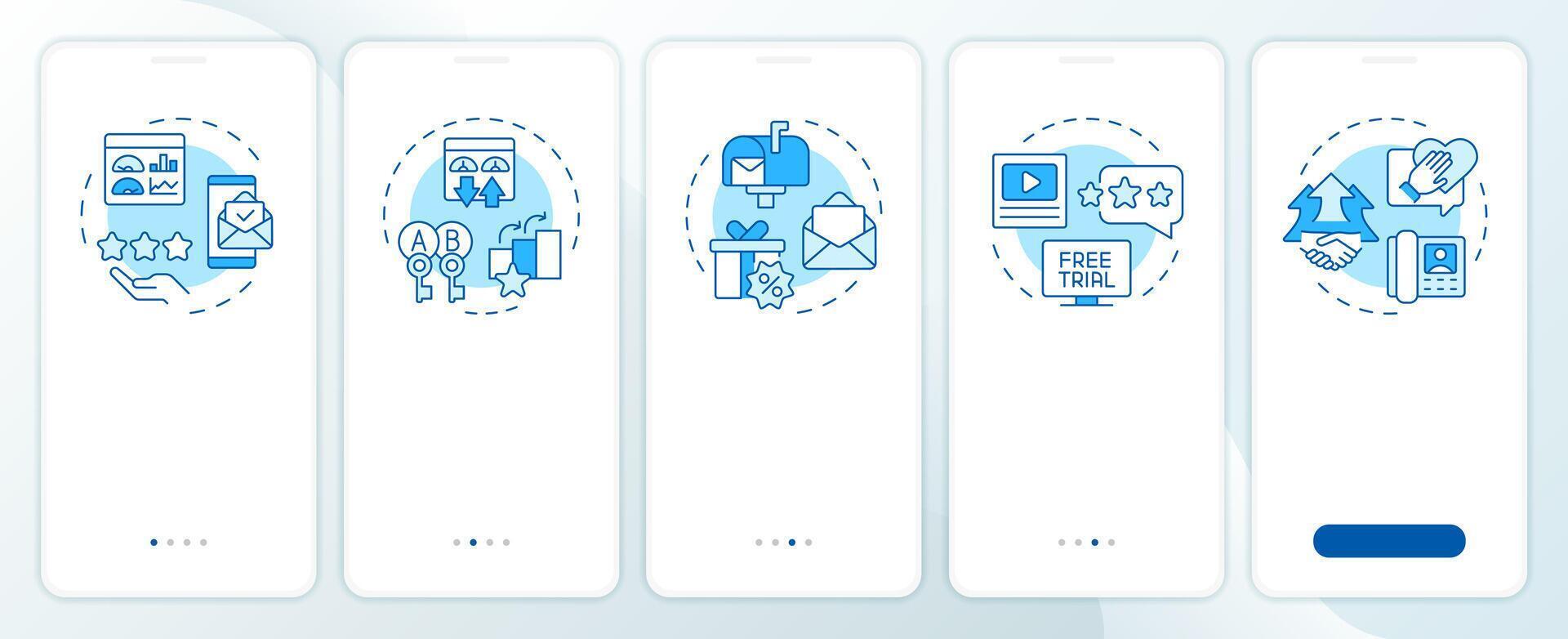 Methods of abm blue onboarding mobile app screen. Walkthrough 5 steps editable graphic instructions with linear concepts. UI, UX, GUI template vector