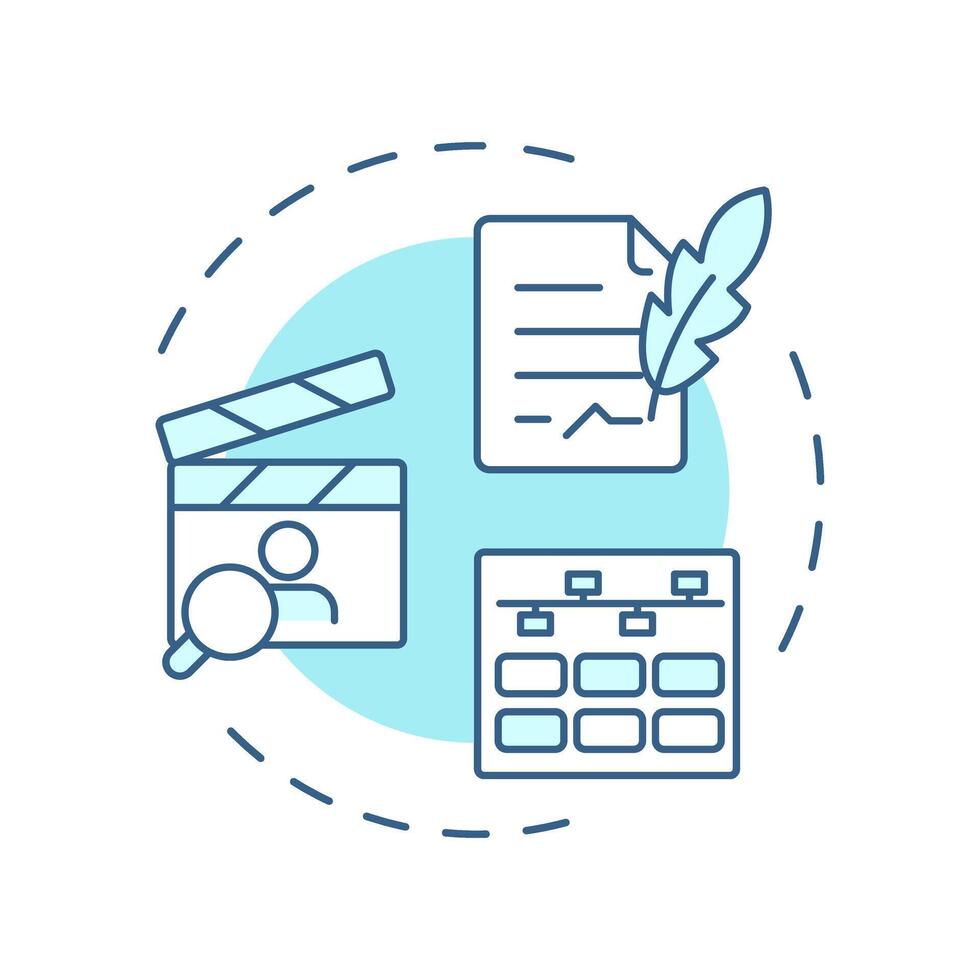 Film pre-production multi color concept icon. Cinematography, entertainment. Filmmaking, planning. Round shape line illustration. Abstract idea. Graphic design. Easy to use in infographic vector